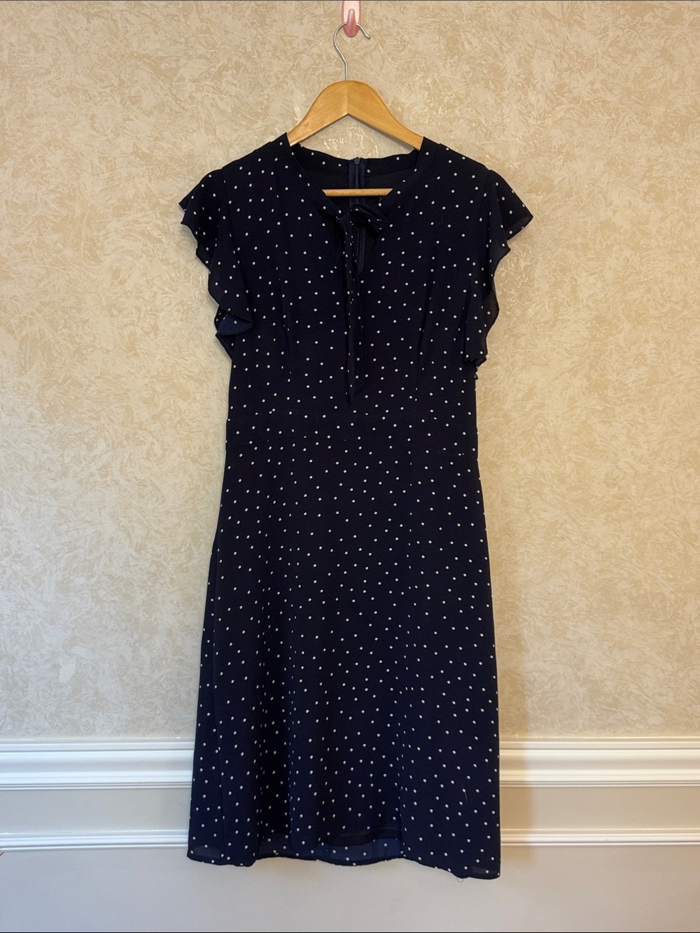 Navy Polka Dot Midi Dress with Tie Neck